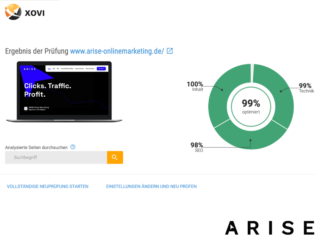 Screenhshot des SEO Tools Xovi. Der Onpage Score ist zu sehen.